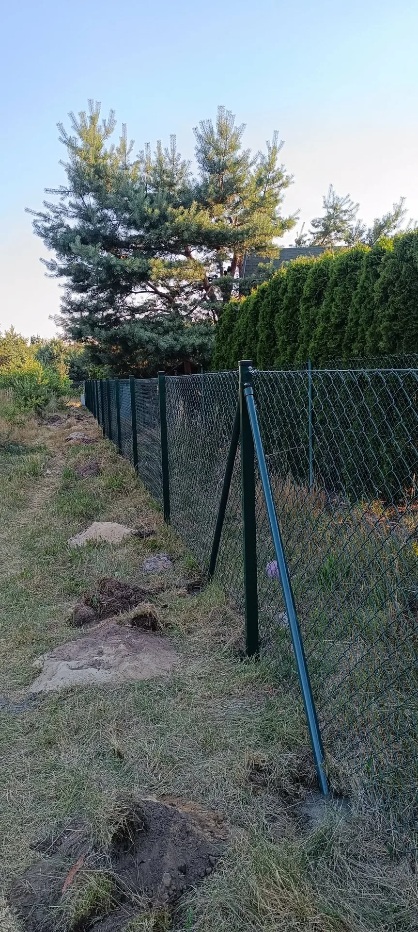 Ogrodzenia siatkowe z metalową czarną siatką i metalowymi słupkami